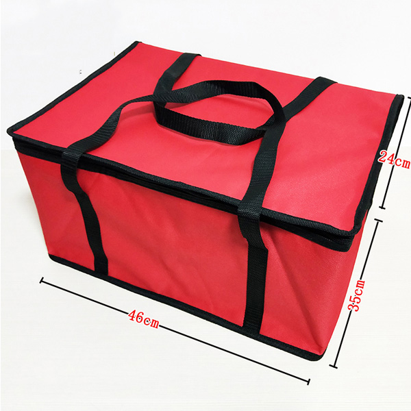 Packaging & Bag Material: Red 600D oxford + aluminum film<br>
Size: 46 x 35 x 24cm （L*W*H）<br>
Structure: 4 panels<br>
Handle: 2 pcs black PP webbing flat handles, sewed from bottom binding<br>
Zipper: black nylon zipper on the top of 3 sides, with a black puller<br>
Binding: black 600D Oxford fabric binding